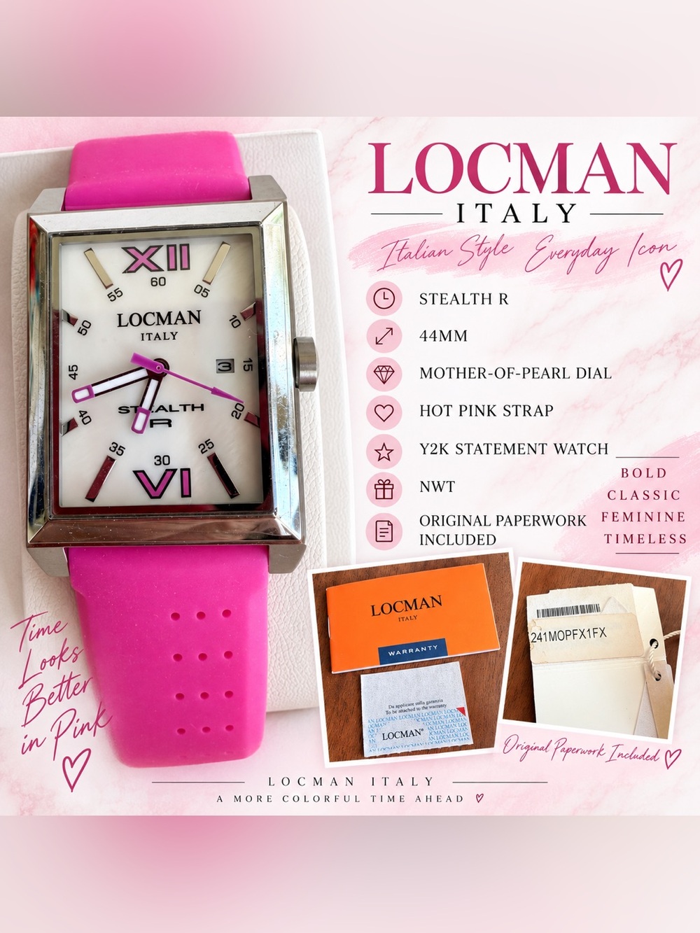 💗 NWT Locman Italy Stealth R 44mm Pink Mother-of-Pearl Y2K Statement Watch - Picture 10 of 10